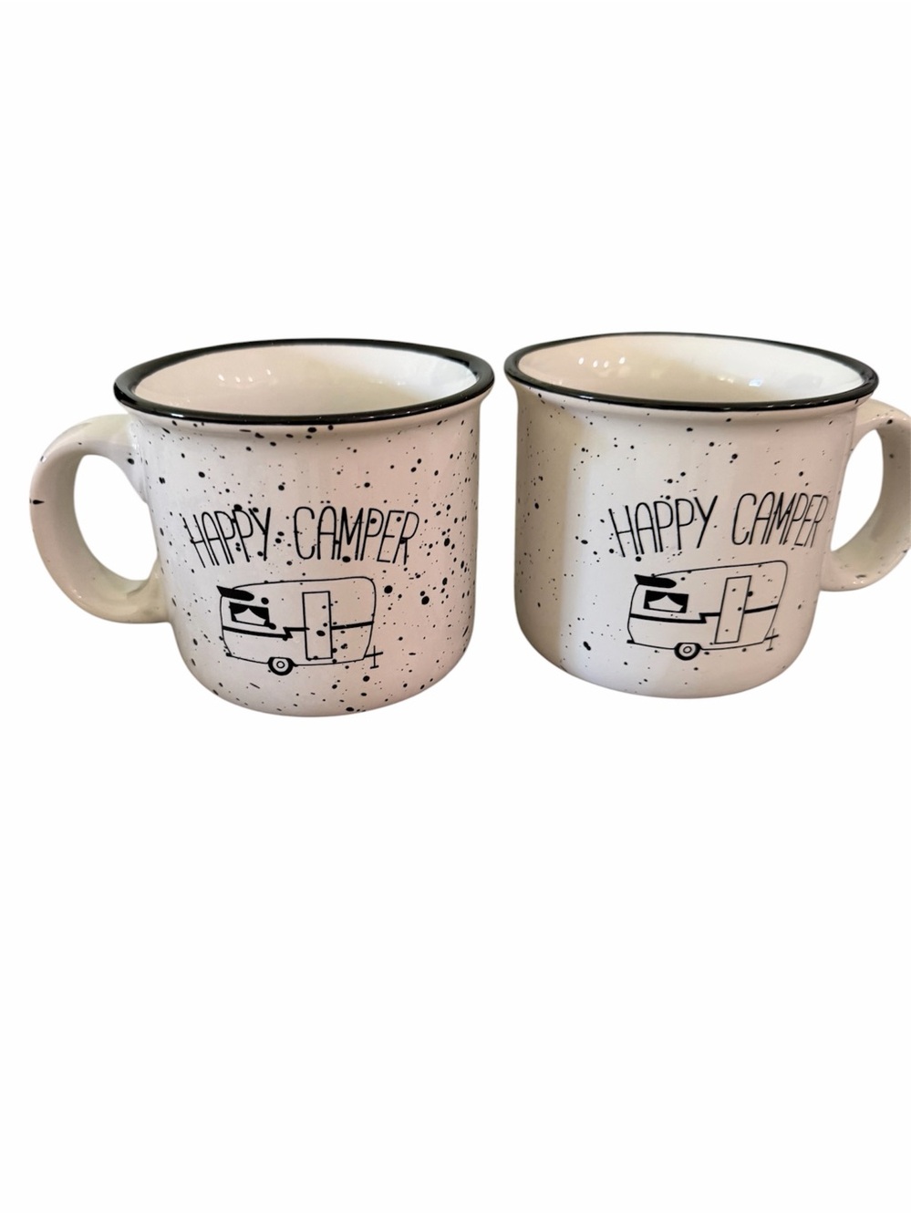 Pair of Speckled White "Happy Camper" Ceramic Coffee Mug